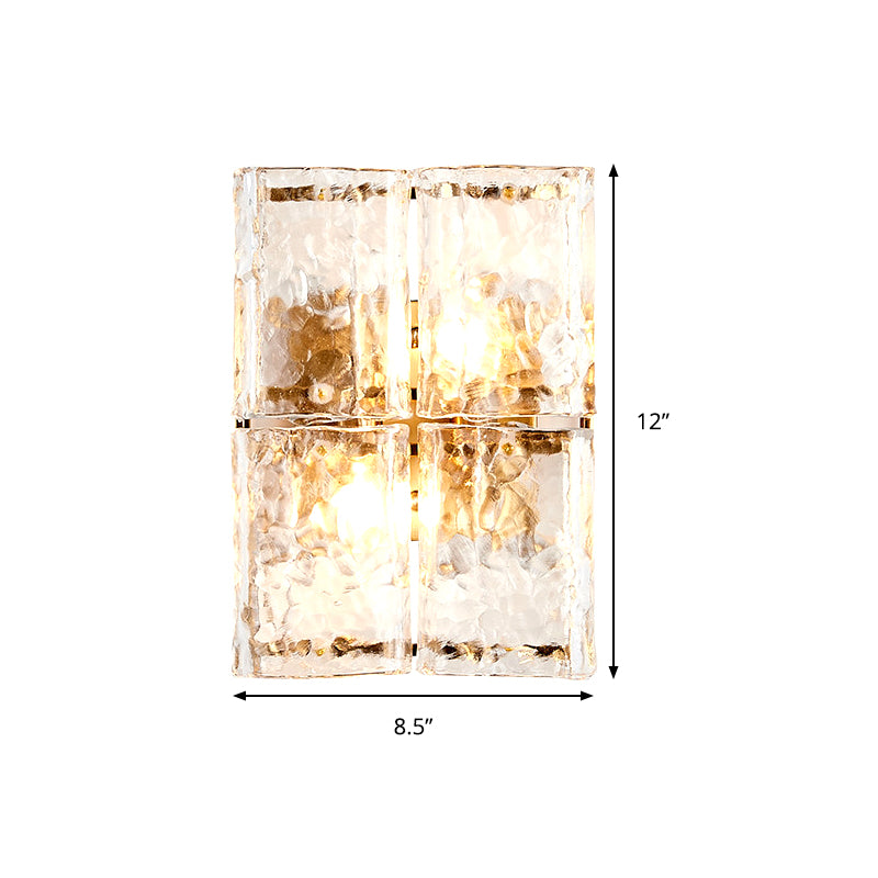 Rectangle Wall Sconce Light with Clear Water Glass Shade Modernist 2 Lights Wall Mount Light in Gold for Bedroom Clearhalo 'Modern wall lights' 'Modern' 'Wall Lamps & Sconces' 'Wall Lights' Lighting' 259559