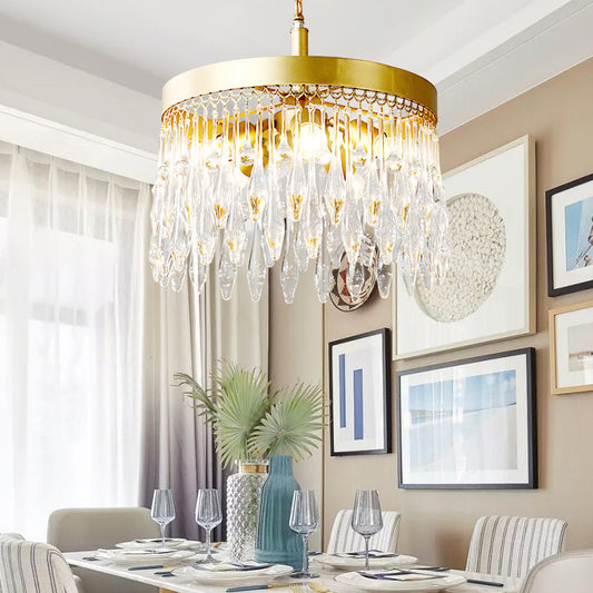 Circle Chandelier Pendant Light with Crystal Teardrop Shade Contemporary 5 Lights Pendant Light Fixture in Brass Brass Clearhalo 'Ceiling Lights' 'Chandeliers' 'Modern Chandeliers' 'Modern' Lighting' 259596