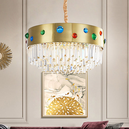 Metal Drum Hanging Chandelier with Gem Decoration Modernist Crystal 8 Heads Chandelier Lighting in Gold Gold Clearhalo 'Ceiling Lights' 'Chandeliers' 'Modern Chandeliers' 'Modern' Lighting' 259616