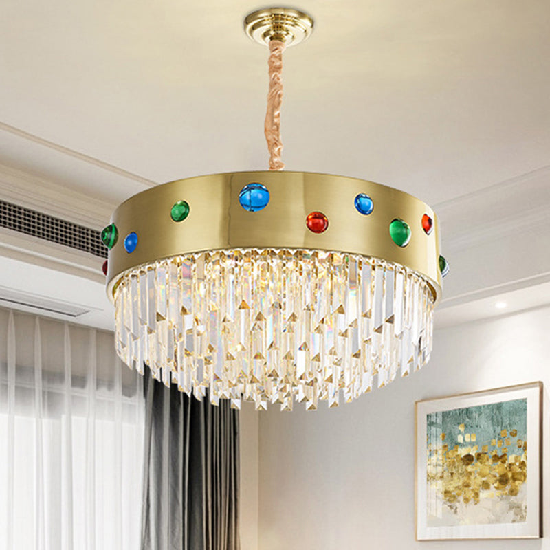 Metal Drum Hanging Chandelier with Gem Decoration Modernist Crystal 8 Heads Chandelier Lighting in Gold Clearhalo 'Ceiling Lights' 'Chandeliers' 'Modern Chandeliers' 'Modern' Lighting' 259617