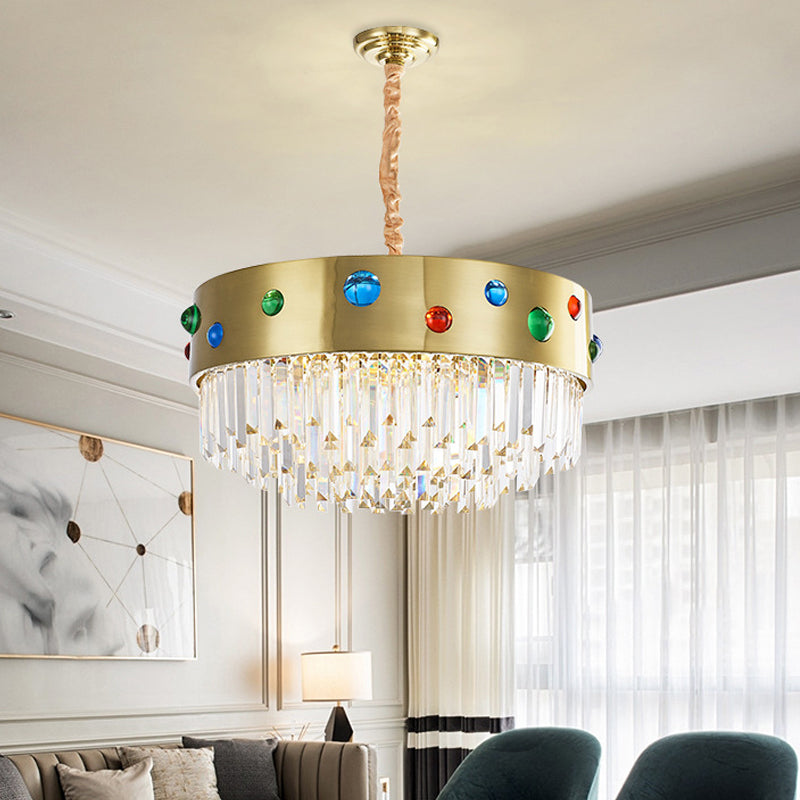 Metal Drum Hanging Chandelier with Gem Decoration Modernist Crystal 8 Heads Chandelier Lighting in Gold Clearhalo 'Ceiling Lights' 'Chandeliers' 'Modern Chandeliers' 'Modern' Lighting' 259618