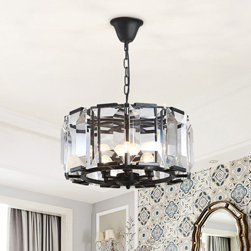 18"/25.5" Diameter Metal Drum Shade Ceiling Chandelier with Crystal Block Vintage 5/8 Heads Hanging Lamp in Black Black 18" Clearhalo 'Ceiling Lights' 'Chandeliers' 'Industrial Chandeliers' 'Industrial' 'Middle Century Chandeliers' 'Tiffany' Lighting' 259689