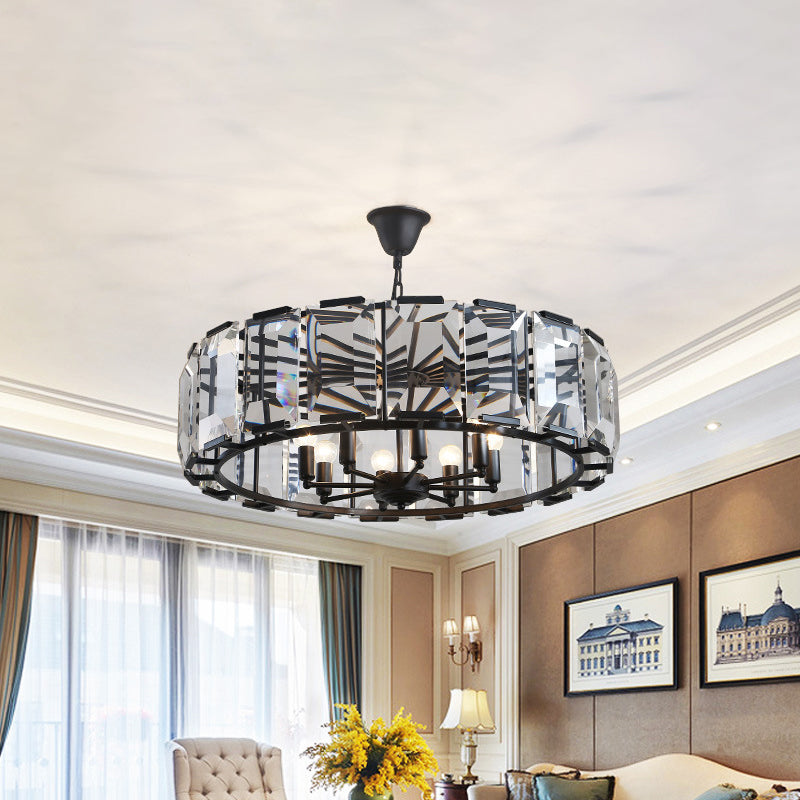 18"/25.5" Diameter Metal Drum Shade Ceiling Chandelier with Crystal Block Vintage 5/8 Heads Hanging Lamp in Black Black 25.5" Clearhalo 'Ceiling Lights' 'Chandeliers' 'Industrial Chandeliers' 'Industrial' 'Middle Century Chandeliers' 'Tiffany' Lighting' 259693