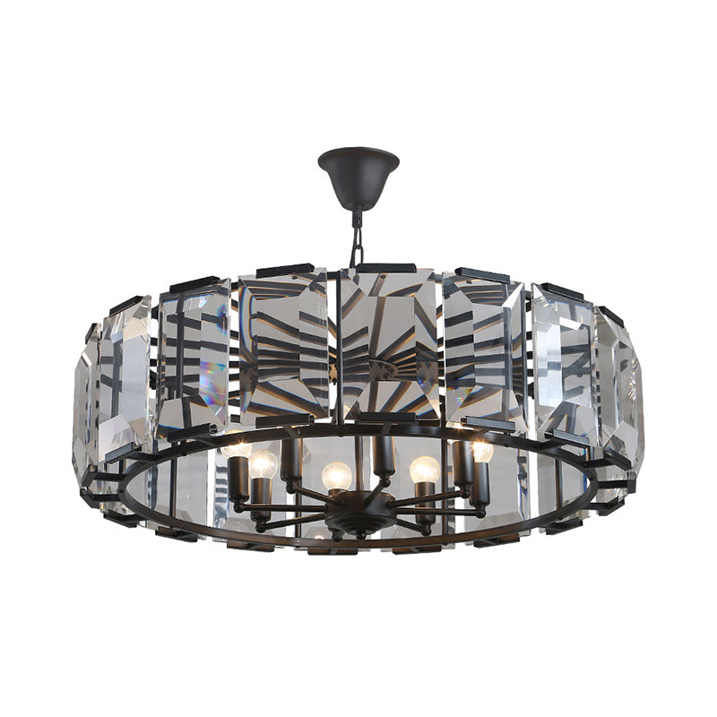 18"/25.5" Diameter Metal Drum Shade Ceiling Chandelier with Crystal Block Vintage 5/8 Heads Hanging Lamp in Black Clearhalo 'Ceiling Lights' 'Chandeliers' 'Industrial Chandeliers' 'Industrial' 'Middle Century Chandeliers' 'Tiffany' Lighting' 259694