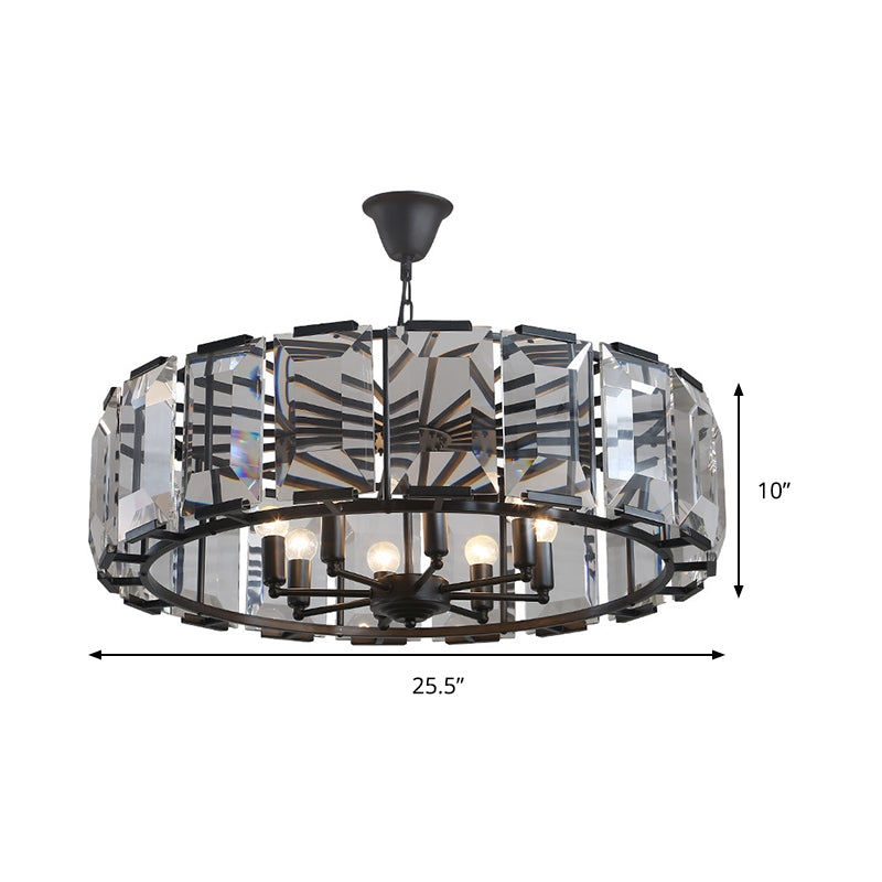 18"/25.5" Diameter Metal Drum Shade Ceiling Chandelier with Crystal Block Vintage 5/8 Heads Hanging Lamp in Black Clearhalo 'Ceiling Lights' 'Chandeliers' 'Industrial Chandeliers' 'Industrial' 'Middle Century Chandeliers' 'Tiffany' Lighting' 259695