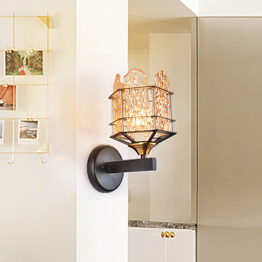 Rippled Glass Wall Light Fixture with Metal Cage Contemporary 1 Head Black Finish Flush Mount Wall Sconce Black B Clearhalo 'Art deco wall lights' 'Industrial wall lights' 'Industrial' 'Middle century wall lights' 'Tiffany' 'Wall Lamps & Sconces' 'Wall Lights' Lighting' 259724