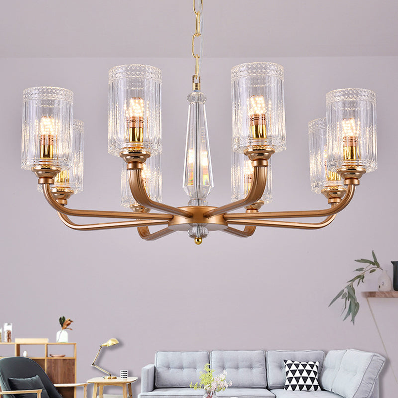 Clear Glass Cylinder Chandelier Light Vintage 3/5/6/8 Heads Chandelier Lighting Fixture in Gold Clearhalo 'Ceiling Lights' 'Chandeliers' Lighting' options 259746