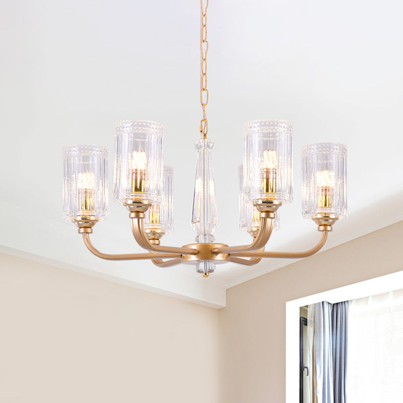 Clear Glass Cylinder Chandelier Light Vintage 3/5/6/8 Heads Chandelier Lighting Fixture in Gold Clearhalo 'Ceiling Lights' 'Chandeliers' Lighting' options 259751