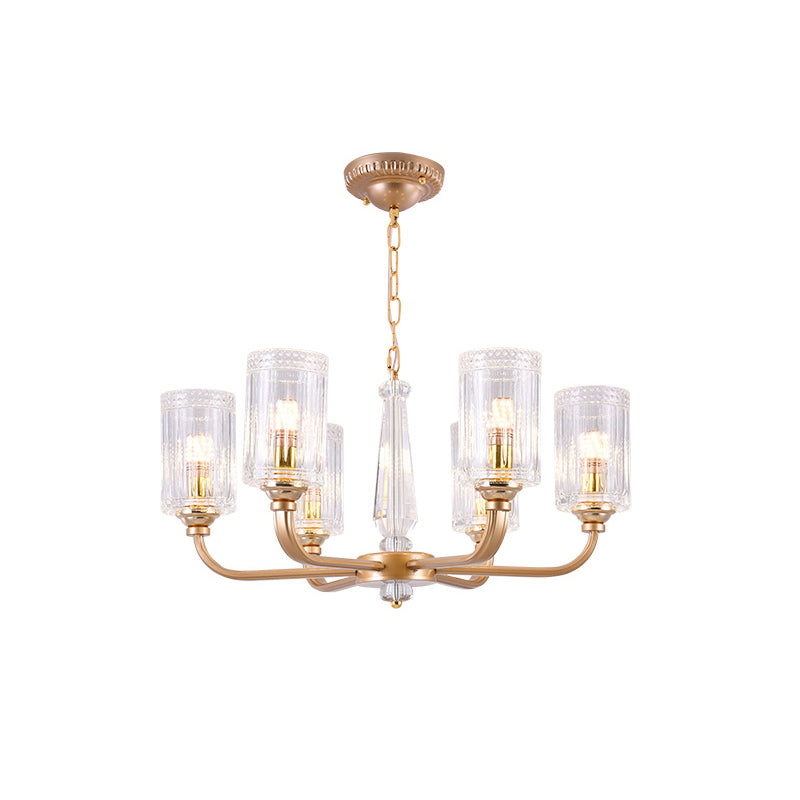 Clear Glass Cylinder Chandelier Light Vintage 3/5/6/8 Heads Chandelier Lighting Fixture in Gold Clearhalo 'Ceiling Lights' 'Chandeliers' Lighting' options 259752