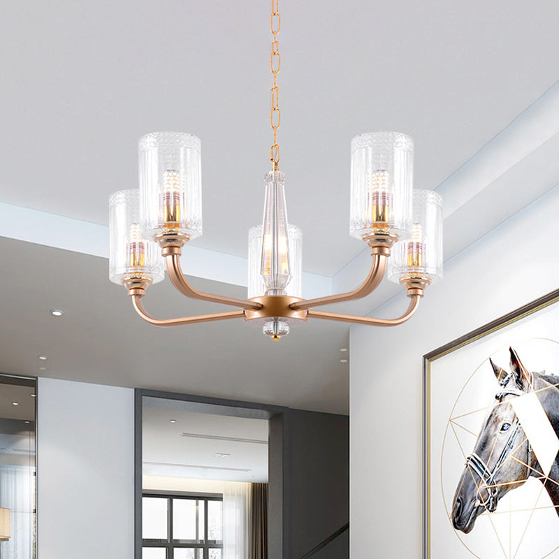 Clear Glass Cylinder Chandelier Light Vintage 3/5/6/8 Heads Chandelier Lighting Fixture in Gold 5 Gold Clearhalo 'Ceiling Lights' 'Chandeliers' Lighting' options 259754_8f4fbb59-0472-4584-be24-fe6aec887a4a