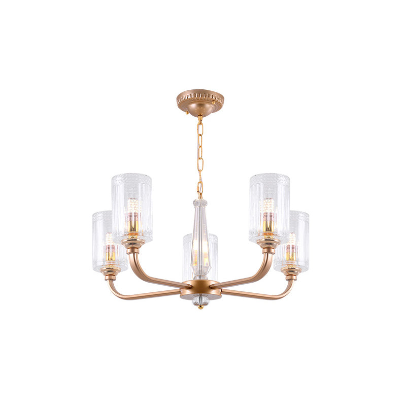 Clear Glass Cylinder Chandelier Light Vintage 3/5/6/8 Heads Chandelier Lighting Fixture in Gold Clearhalo 'Ceiling Lights' 'Chandeliers' Lighting' options 259755