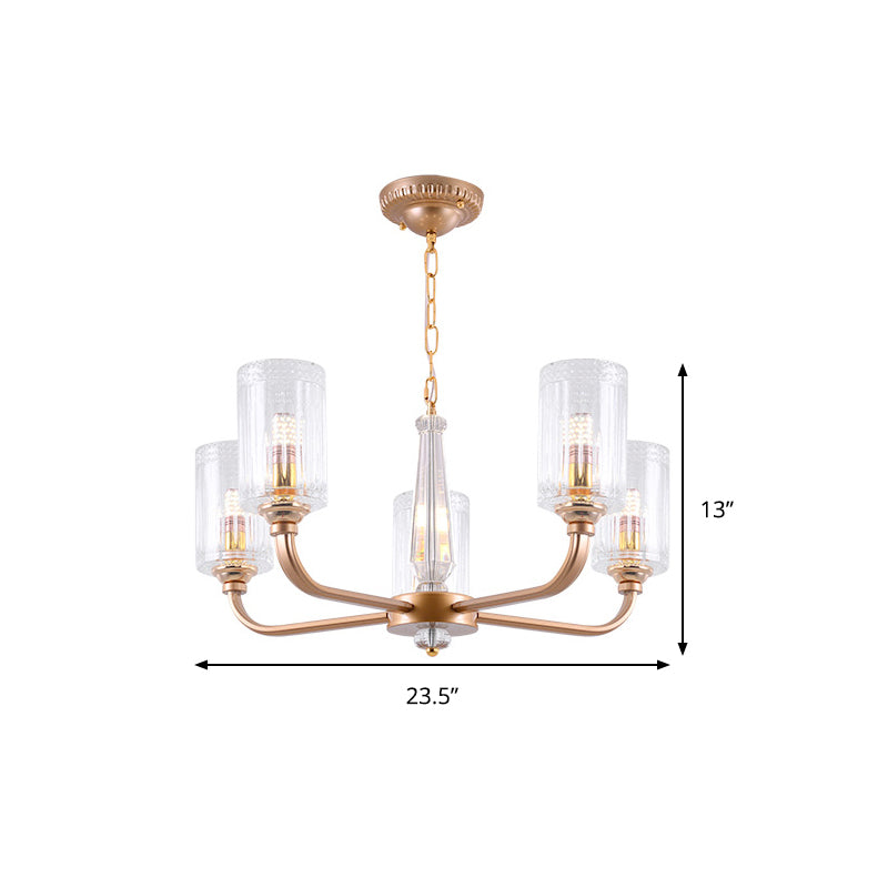 Clear Glass Cylinder Chandelier Light Vintage 3/5/6/8 Heads Chandelier Lighting Fixture in Gold Clearhalo 'Ceiling Lights' 'Chandeliers' Lighting' options 259756