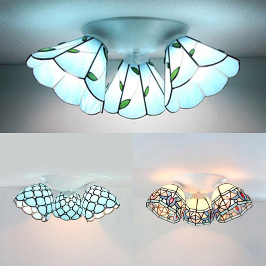 3 Heads Domed Ceiling Light Fixture with Magnolia/Leaf/Gem Pattern Vintage Stained Glass Flush Mount Ceiling Light in White Clearhalo 'Ceiling Lights' 'Close To Ceiling Lights' 'Close to ceiling' 'Glass shade' 'Glass' 'Semi-flushmount' 'Tiffany close to ceiling' 'Tiffany' Lighting' 25976