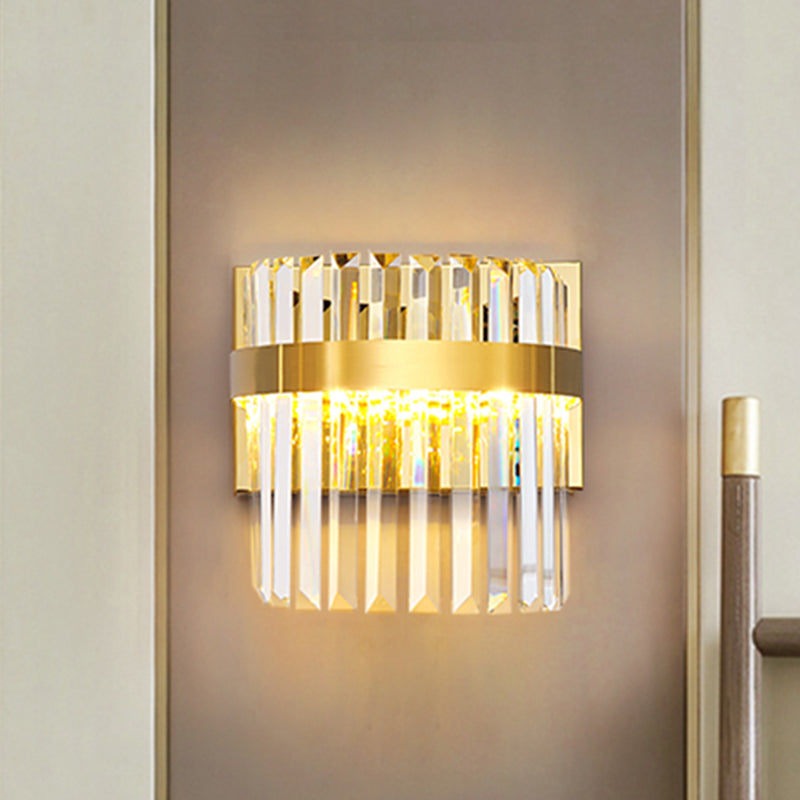 Demilune Cylinder Wall Light Sconce Contemporary Crystal Prism 2 Heads Wall Mounted Lighting in Gold Gold Clearhalo 'Modern wall lights' 'Modern' 'Wall Lamps & Sconces' 'Wall Lights' Lighting' 259772