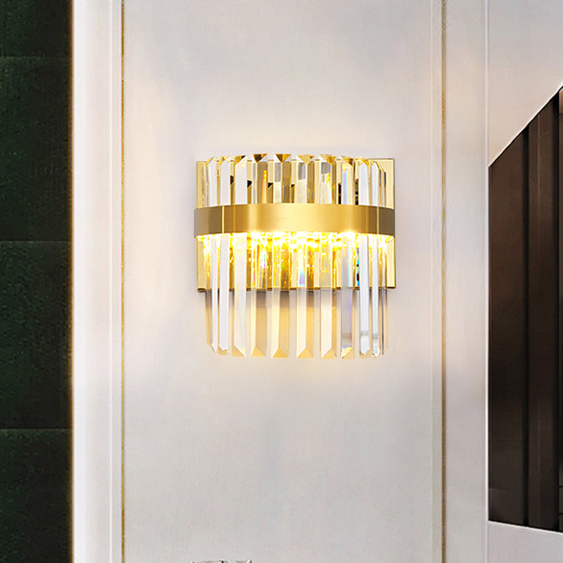 Demilune Cylinder Wall Light Sconce Contemporary Crystal Prism 2 Heads Wall Mounted Lighting in Gold Clearhalo 'Modern wall lights' 'Modern' 'Wall Lamps & Sconces' 'Wall Lights' Lighting' 259773