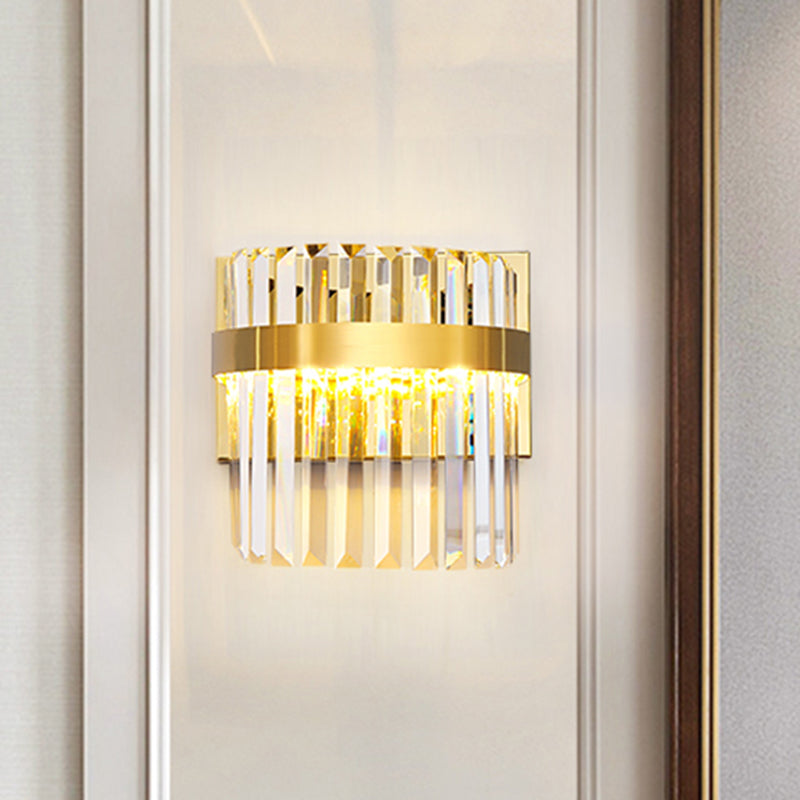 Demilune Cylinder Wall Light Sconce Contemporary Crystal Prism 2 Heads Wall Mounted Lighting in Gold Clearhalo 'Modern wall lights' 'Modern' 'Wall Lamps & Sconces' 'Wall Lights' Lighting' 259775