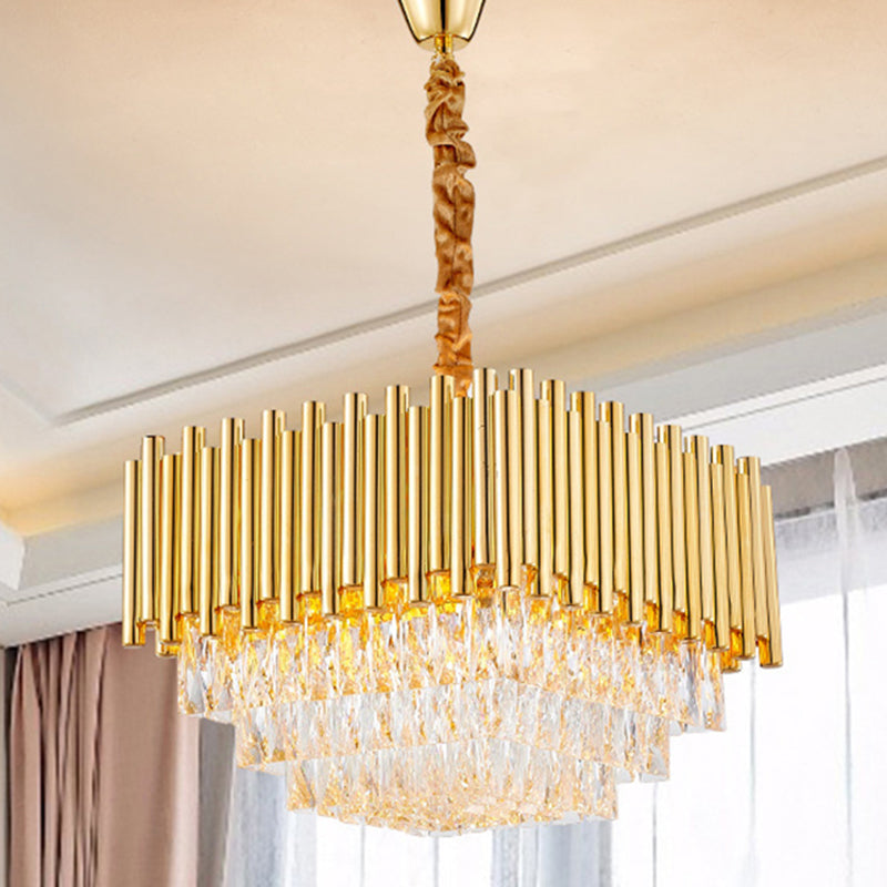 Golden Square Hanging Ceiling Light with Crystal Block Vintage 6/10/12 Lights Chandelier Lamp, 16"/19.5"/23.5" Width Gold Clearhalo 'Ceiling Lights' 'Chandeliers' 'Modern Chandeliers' 'Modern' Lighting' 259784