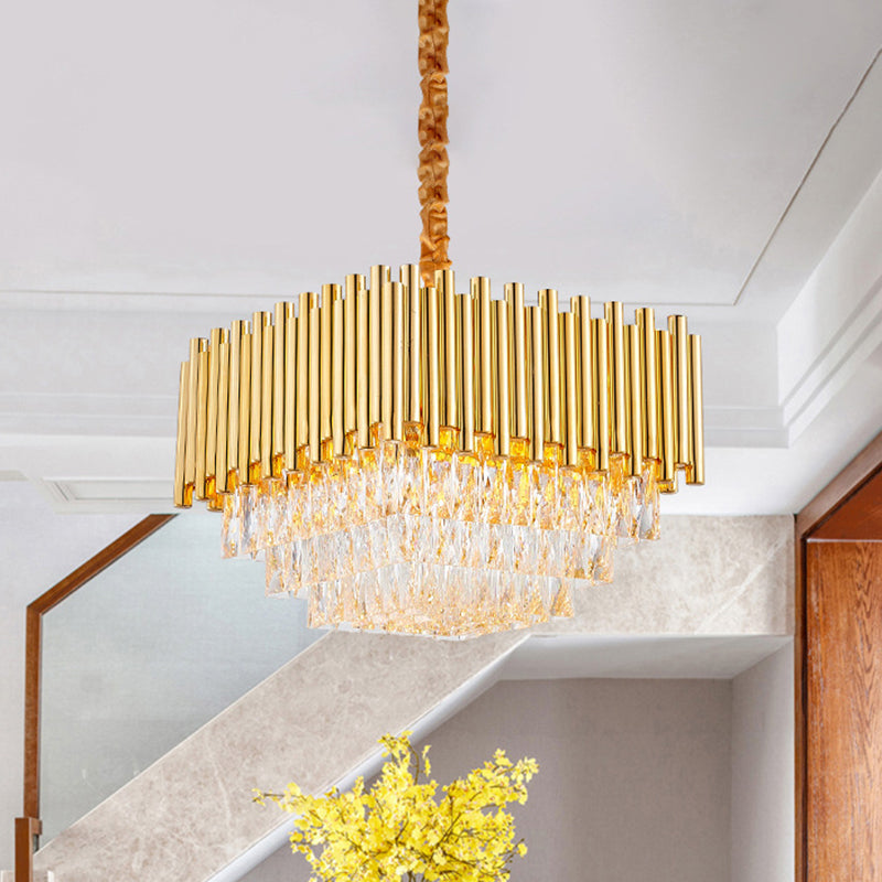 Golden Square Hanging Ceiling Light with Crystal Block Vintage 6/10/12 Lights Chandelier Lamp, 16"/19.5"/23.5" Width Clearhalo 'Ceiling Lights' 'Chandeliers' 'Modern Chandeliers' 'Modern' Lighting' 259785