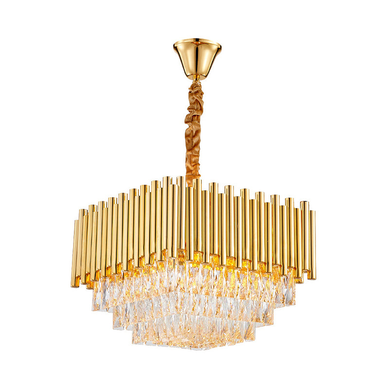 Golden Square Hanging Ceiling Light with Crystal Block Vintage 6/10/12 Lights Chandelier Lamp, 16"/19.5"/23.5" Width Clearhalo 'Ceiling Lights' 'Chandeliers' 'Modern Chandeliers' 'Modern' Lighting' 259787