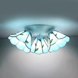 3 Heads Domed Ceiling Light Fixture with Magnolia/Leaf/Gem Pattern Vintage Stained Glass Flush Mount Ceiling Light in White White Leaf Clearhalo 'Ceiling Lights' 'Close To Ceiling Lights' 'Close to ceiling' 'Glass shade' 'Glass' 'Semi-flushmount' 'Tiffany close to ceiling' 'Tiffany' Lighting' 25978