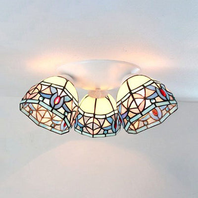 3 Heads Domed Ceiling Light Fixture with Magnolia/Leaf/Gem Pattern Vintage Stained Glass Flush Mount Ceiling Light in White White Magnolia Clearhalo 'Ceiling Lights' 'Close To Ceiling Lights' 'Close to ceiling' 'Glass shade' 'Glass' 'Semi-flushmount' 'Tiffany close to ceiling' 'Tiffany' Lighting' 25979