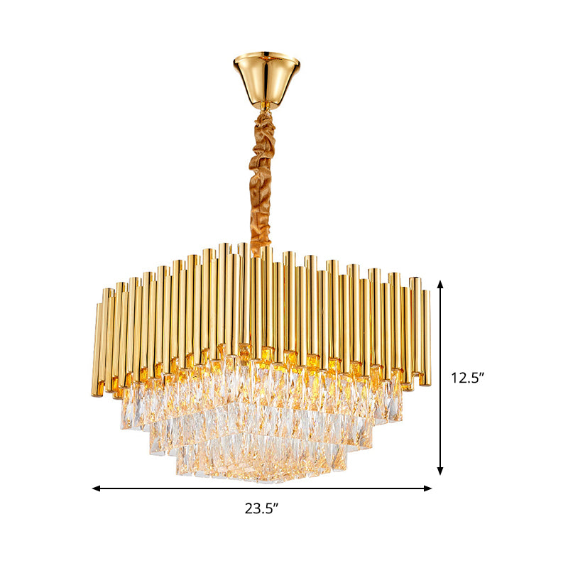 Golden Square Hanging Ceiling Light with Crystal Block Vintage 6/10/12 Lights Chandelier Lamp, 16"/19.5"/23.5" Width Clearhalo 'Ceiling Lights' 'Chandeliers' 'Modern Chandeliers' 'Modern' Lighting' 259790