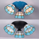 Tiffany Dome-Shaped Ceiling Fixture Stained Glass 3 Lights Flush Mount Ceiling Light in Blue/Black Finish Clearhalo 'Ceiling Lights' 'Close To Ceiling Lights' 'Close to ceiling' 'Glass shade' 'Glass' 'Semi-flushmount' 'Tiffany close to ceiling' 'Tiffany' Lighting' 25980