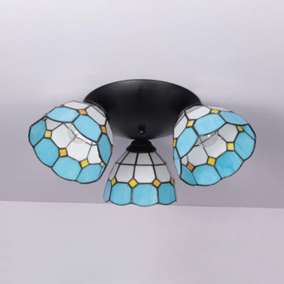 Tiffany Dome-Shaped Ceiling Fixture Stained Glass 3 Lights Flush Mount Ceiling Light in Blue/Black Finish Black Clearhalo 'Ceiling Lights' 'Close To Ceiling Lights' 'Close to ceiling' 'Glass shade' 'Glass' 'Semi-flushmount' 'Tiffany close to ceiling' 'Tiffany' Lighting' 25981