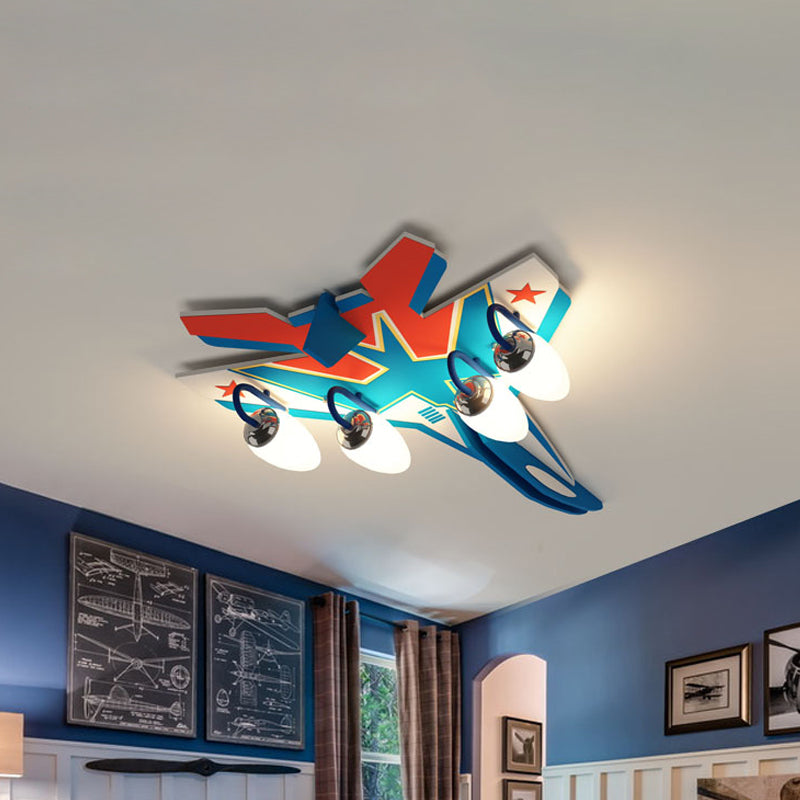 4 Heads Airplane Ceiling Flush Mount with White Glass Shade Kids Flush Light in Blue Blue Clearhalo 'Ceiling Lights' 'Close To Ceiling Lights' 'Close to ceiling' 'Flush mount' Lighting' 259811