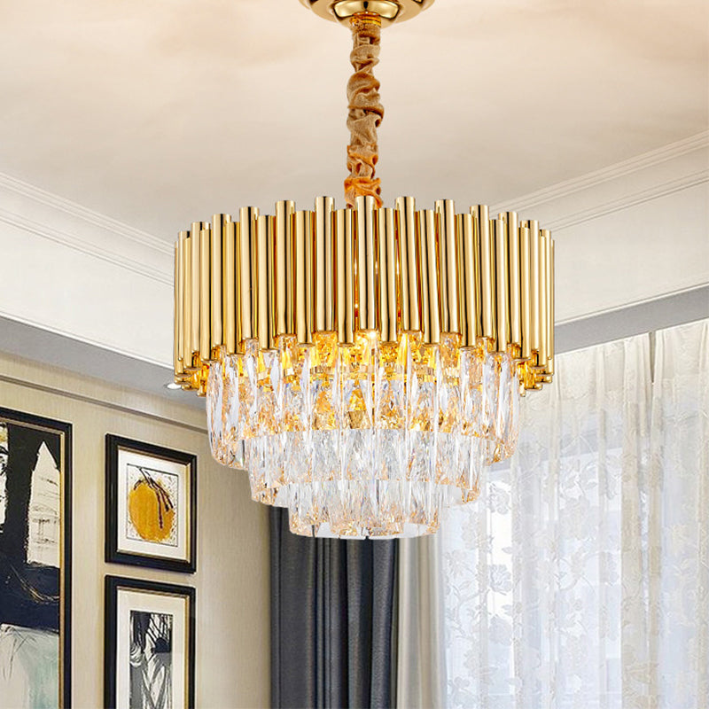 Golden Layered Hanging Chandelier with Crystal Prism Modernist 6/10/12 Bulbs Pendant Light Fixture in Gold Finish Gold Clearhalo 'Ceiling Lights' 'Chandeliers' 'Modern Chandeliers' 'Modern' Lighting' 259816