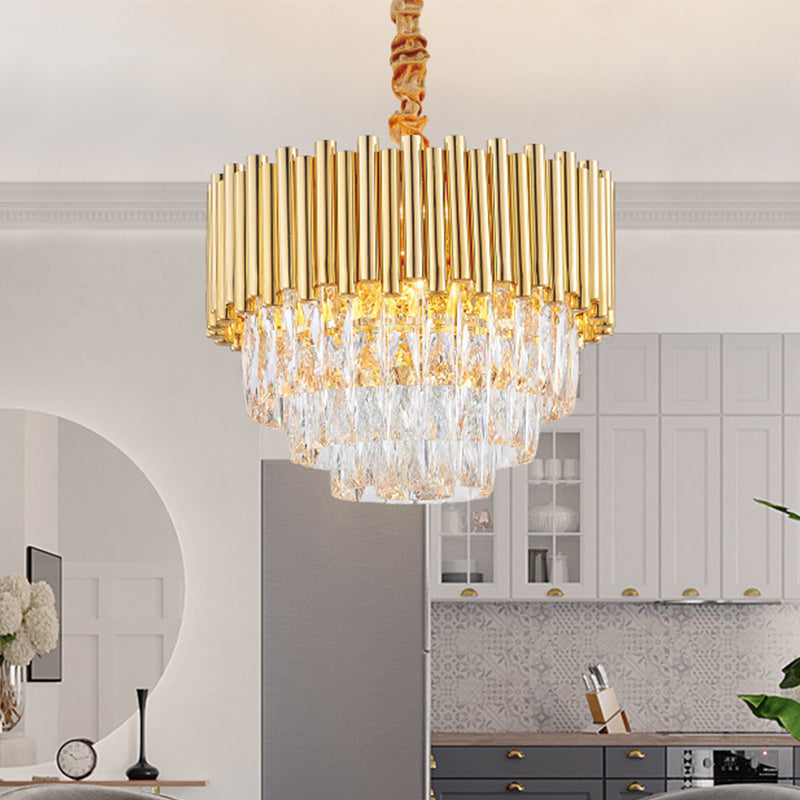 Golden Layered Hanging Chandelier with Crystal Prism Modernist 6/10/12 Bulbs Pendant Light Fixture in Gold Finish Clearhalo 'Ceiling Lights' 'Chandeliers' 'Modern Chandeliers' 'Modern' Lighting' 259817