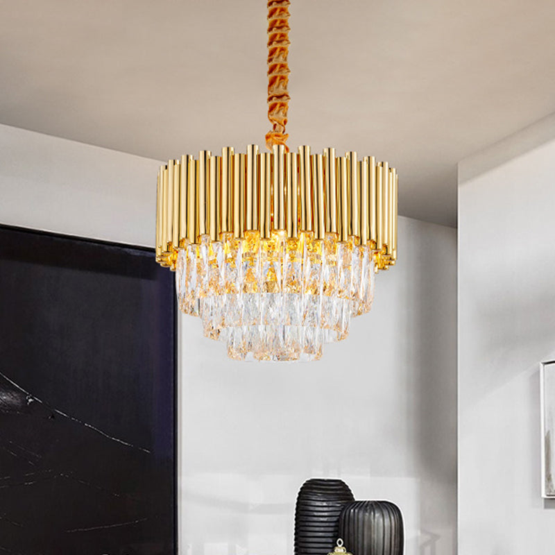 Golden Layered Hanging Chandelier with Crystal Prism Modernist 6/10/12 Bulbs Pendant Light Fixture in Gold Finish Clearhalo 'Ceiling Lights' 'Chandeliers' 'Modern Chandeliers' 'Modern' Lighting' 259818