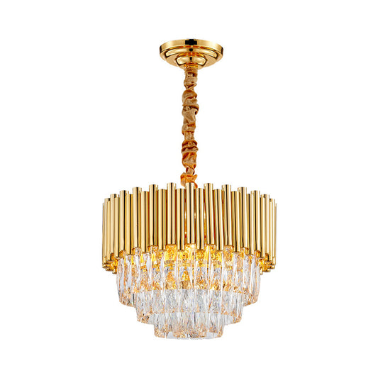 Golden Layered Hanging Chandelier with Crystal Prism Modernist 6/10/12 Bulbs Pendant Light Fixture in Gold Finish Clearhalo 'Ceiling Lights' 'Chandeliers' 'Modern Chandeliers' 'Modern' Lighting' 259819