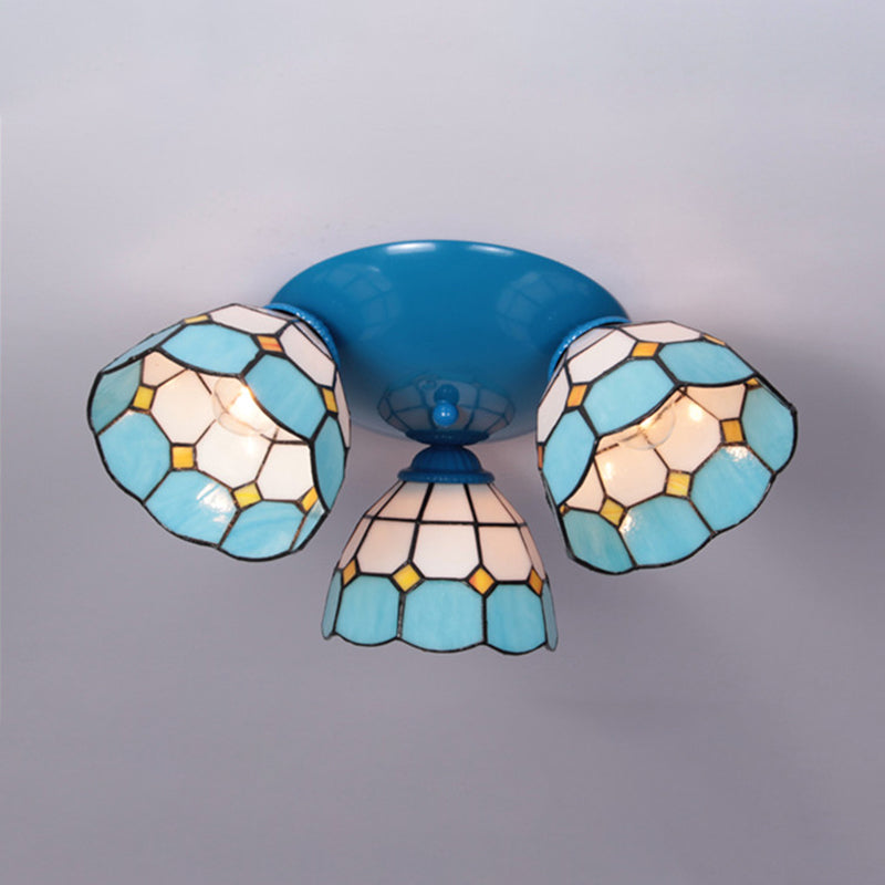 Tiffany Dome-Shaped Ceiling Fixture Stained Glass 3 Lights Flush Mount Ceiling Light in Blue/Black Finish Clearhalo 'Ceiling Lights' 'Close To Ceiling Lights' 'Close to ceiling' 'Glass shade' 'Glass' 'Semi-flushmount' 'Tiffany close to ceiling' 'Tiffany' Lighting' 25982