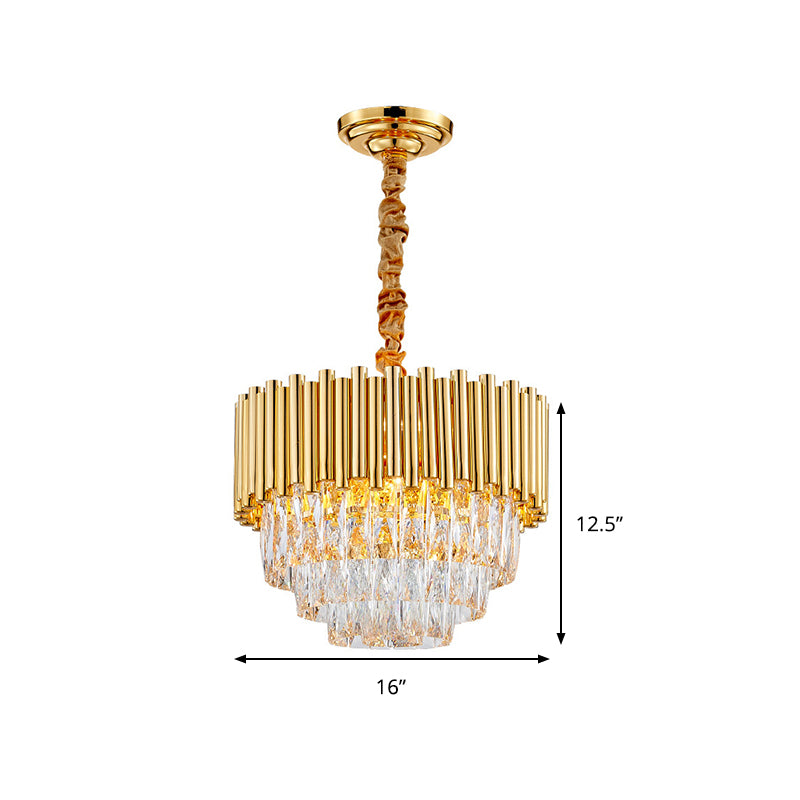 Golden Layered Hanging Chandelier with Crystal Prism Modernist 6/10/12 Bulbs Pendant Light Fixture in Gold Finish Clearhalo 'Ceiling Lights' 'Chandeliers' 'Modern Chandeliers' 'Modern' Lighting' 259820