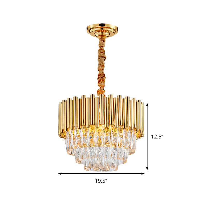 Golden Layered Hanging Chandelier with Crystal Prism Modernist 6/10/12 Bulbs Pendant Light Fixture in Gold Finish Clearhalo 'Ceiling Lights' 'Chandeliers' 'Modern Chandeliers' 'Modern' Lighting' 259821