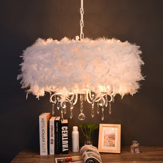 Feather Drum Shade Hanging Chandelier Modern 5 Lights Suspension Light in White for Living Room White Clearhalo 'Ceiling Lights' 'Chandeliers' 'Modern Chandeliers' 'Modern' Lighting' 259824