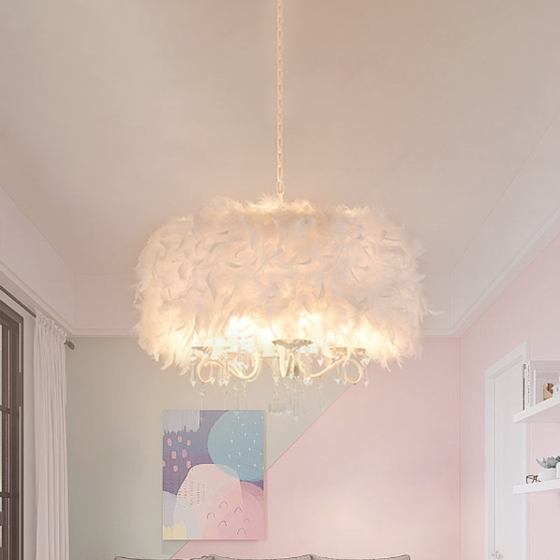 Feather Drum Shade Hanging Chandelier Modern 5 Lights Suspension Light in White for Living Room Clearhalo 'Ceiling Lights' 'Chandeliers' 'Modern Chandeliers' 'Modern' Lighting' 259825