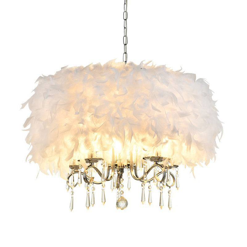 Feather Drum Shade Hanging Chandelier Modern 5 Lights Suspension Light in White for Living Room Clearhalo 'Ceiling Lights' 'Chandeliers' 'Modern Chandeliers' 'Modern' Lighting' 259826