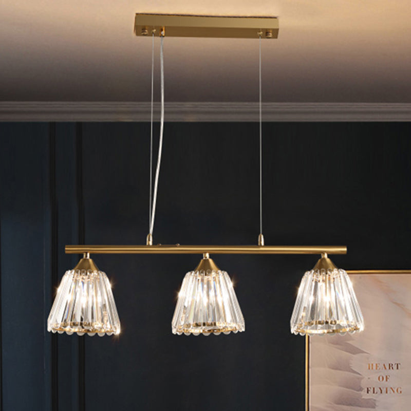 3/4 Heads Linear Island Pendant Light Modern Clear Crystal Hanging Light with Conic Shade in Gold 3 Gold Clearhalo 'Ceiling Lights' 'Island Lights' Lighting' 259829