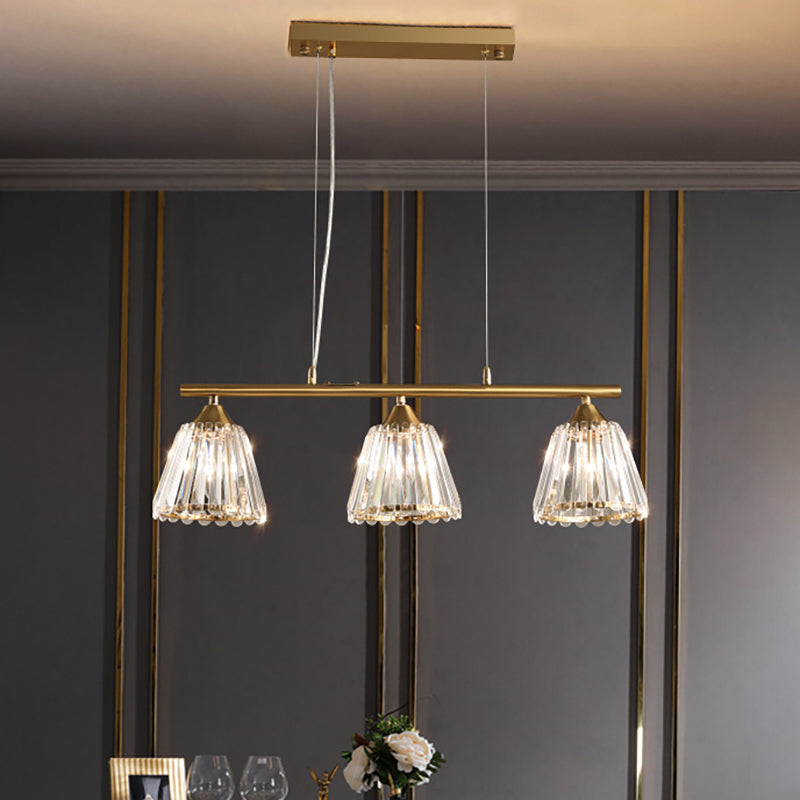 3/4 Heads Linear Island Pendant Light Modern Clear Crystal Hanging Light with Conic Shade in Gold Clearhalo 'Ceiling Lights' 'Island Lights' Lighting' 259830