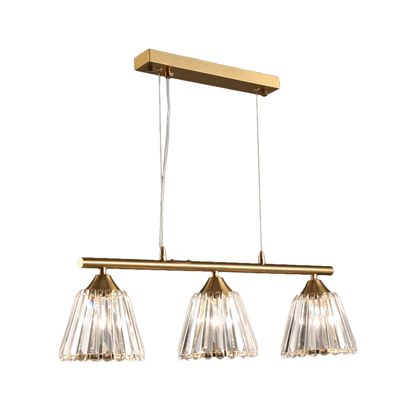 3/4 Heads Linear Island Pendant Light Modern Clear Crystal Hanging Light with Conic Shade in Gold Clearhalo 'Ceiling Lights' 'Island Lights' Lighting' 259831