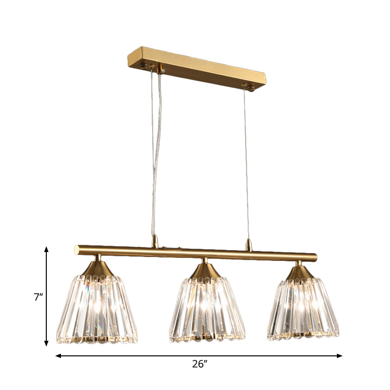 3/4 Heads Linear Island Pendant Light Modern Clear Crystal Hanging Light with Conic Shade in Gold Clearhalo 'Ceiling Lights' 'Island Lights' Lighting' 259832