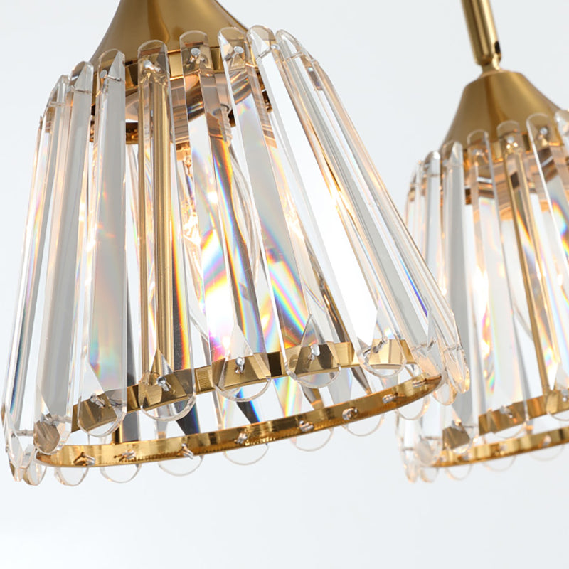 3/4 Heads Linear Island Pendant Light Modern Clear Crystal Hanging Light with Conic Shade in Gold Clearhalo 'Ceiling Lights' 'Island Lights' Lighting' 259833