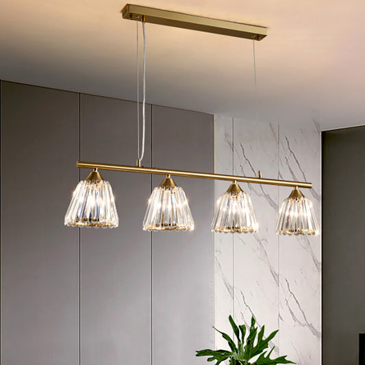 3/4 Heads Linear Island Pendant Light Modern Clear Crystal Hanging Light with Conic Shade in Gold 4 Gold Clearhalo 'Ceiling Lights' 'Island Lights' Lighting' 259834