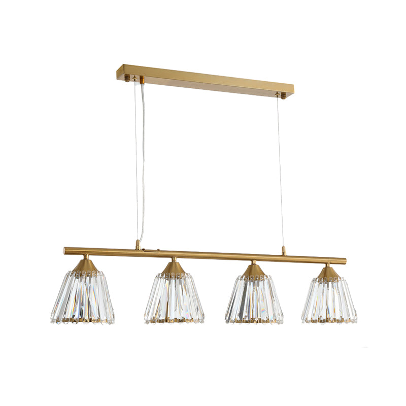 3/4 Heads Linear Island Pendant Light Modern Clear Crystal Hanging Light with Conic Shade in Gold Clearhalo 'Ceiling Lights' 'Island Lights' Lighting' 259835