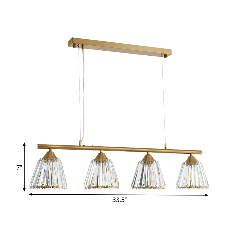 3/4 Heads Linear Island Pendant Light Modern Clear Crystal Hanging Light with Conic Shade in Gold Clearhalo 'Ceiling Lights' 'Island Lights' Lighting' 259836