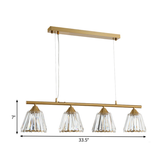 3/4 Heads Linear Island Pendant Light Modern Clear Crystal Hanging Light with Conic Shade in Gold Clearhalo 'Ceiling Lights' 'Island Lights' Lighting' 259836