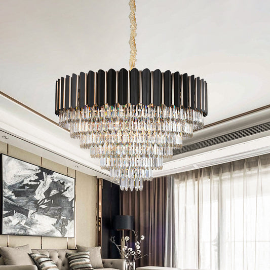 Faceted Crystal Round Shade Chandelier Light with Metal Sheet Modern Multi-Light Ceiling Pendant Light in Black Black Clearhalo 'Ceiling Lights' 'Chandeliers' 'Modern Chandeliers' 'Modern' Lighting' 259837