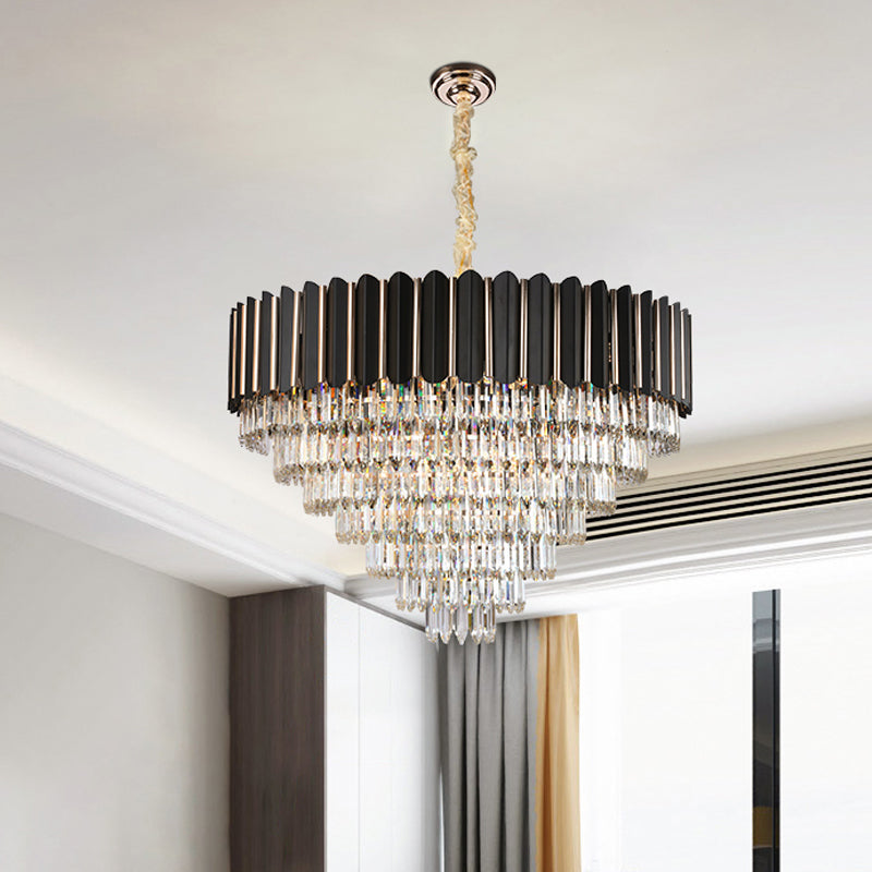 Faceted Crystal Round Shade Chandelier Light with Metal Sheet Modern Multi-Light Ceiling Pendant Light in Black Clearhalo 'Ceiling Lights' 'Chandeliers' 'Modern Chandeliers' 'Modern' Lighting' 259838